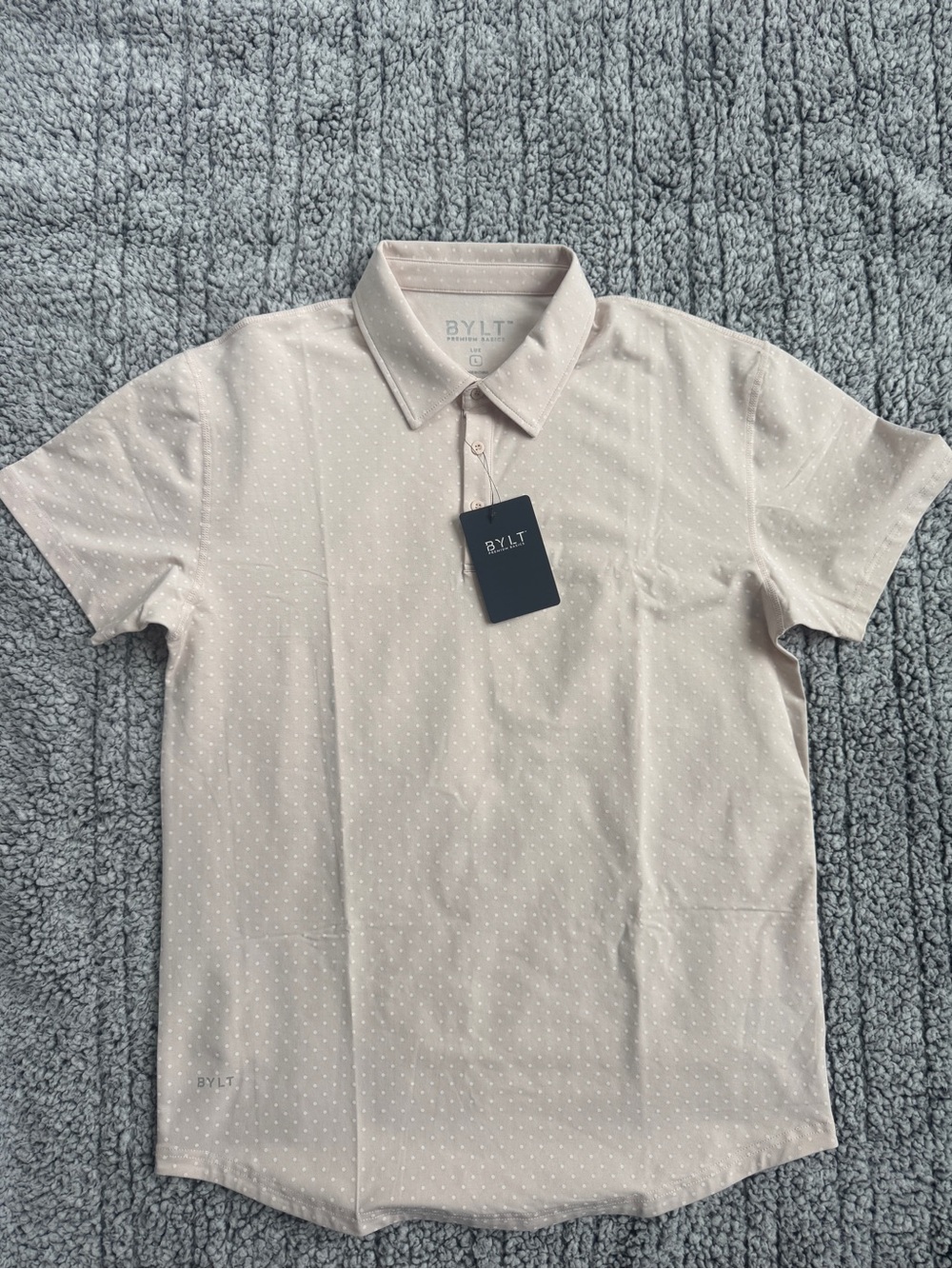 BYLT Premium Drop-Cut Lux Dotted Polo color Blush/White  Mens Large NWT